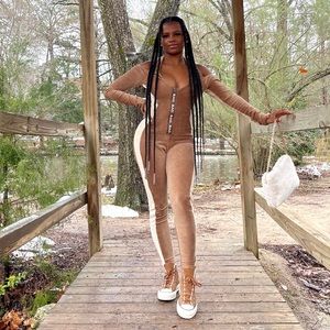 Bad society club long sleeve tan jumpsuit